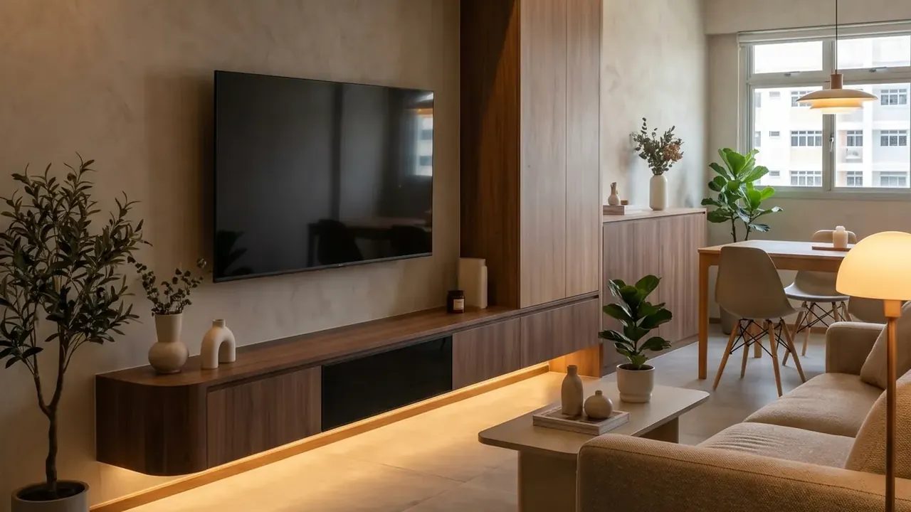 Living room of a completed HDB flat with a low walnut TV console under warm strip lighting, an olive tree and a dining corner by the window