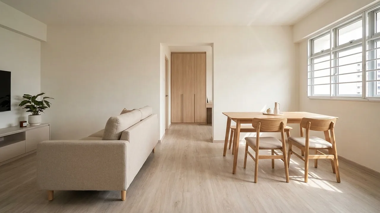 A newly renovated BTO living-dining in warm neutral tones with fresh vinyl flooring, built-in wardrobes and a simple dining table by the window