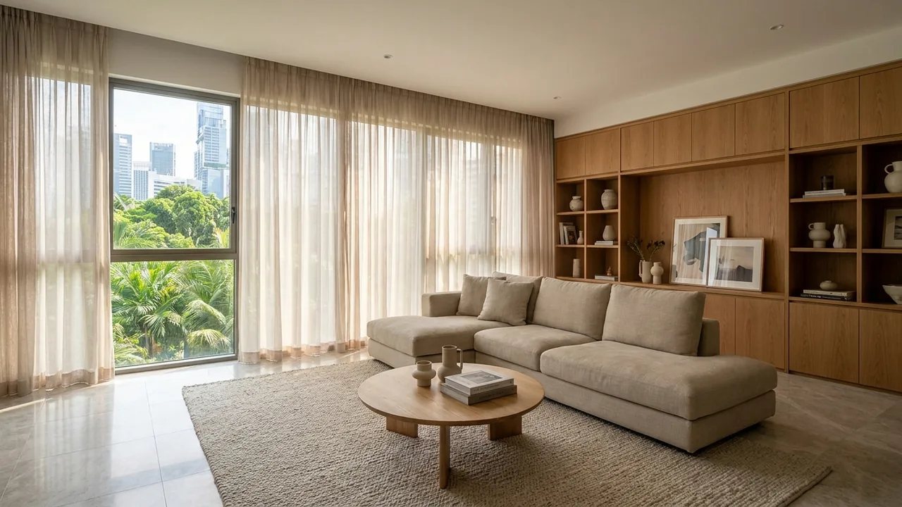 A warm contemporary condo living room with floor-to-ceiling windows, full-height curtains, developer marble flooring, a low sofa and built-in timber carpentry