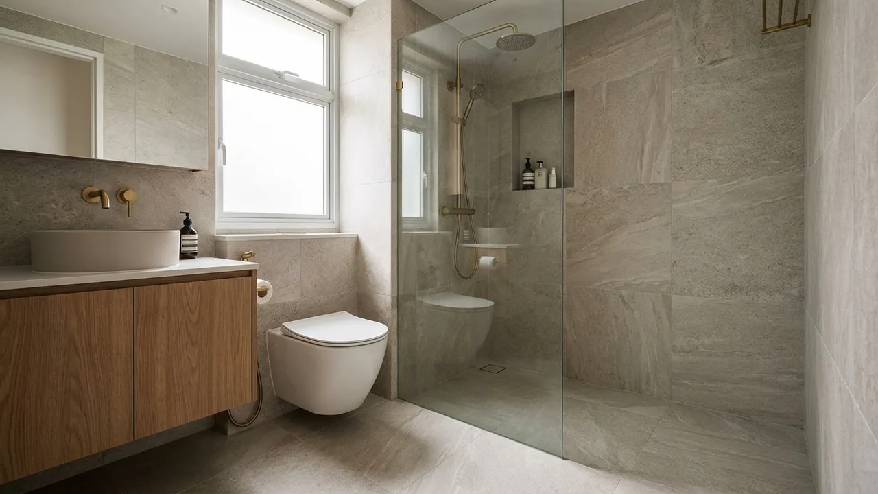 A compact HDB bathroom with large stone-look tiles, a wall-hung vanity and WC, a recessed niche and a clear glass shower screen