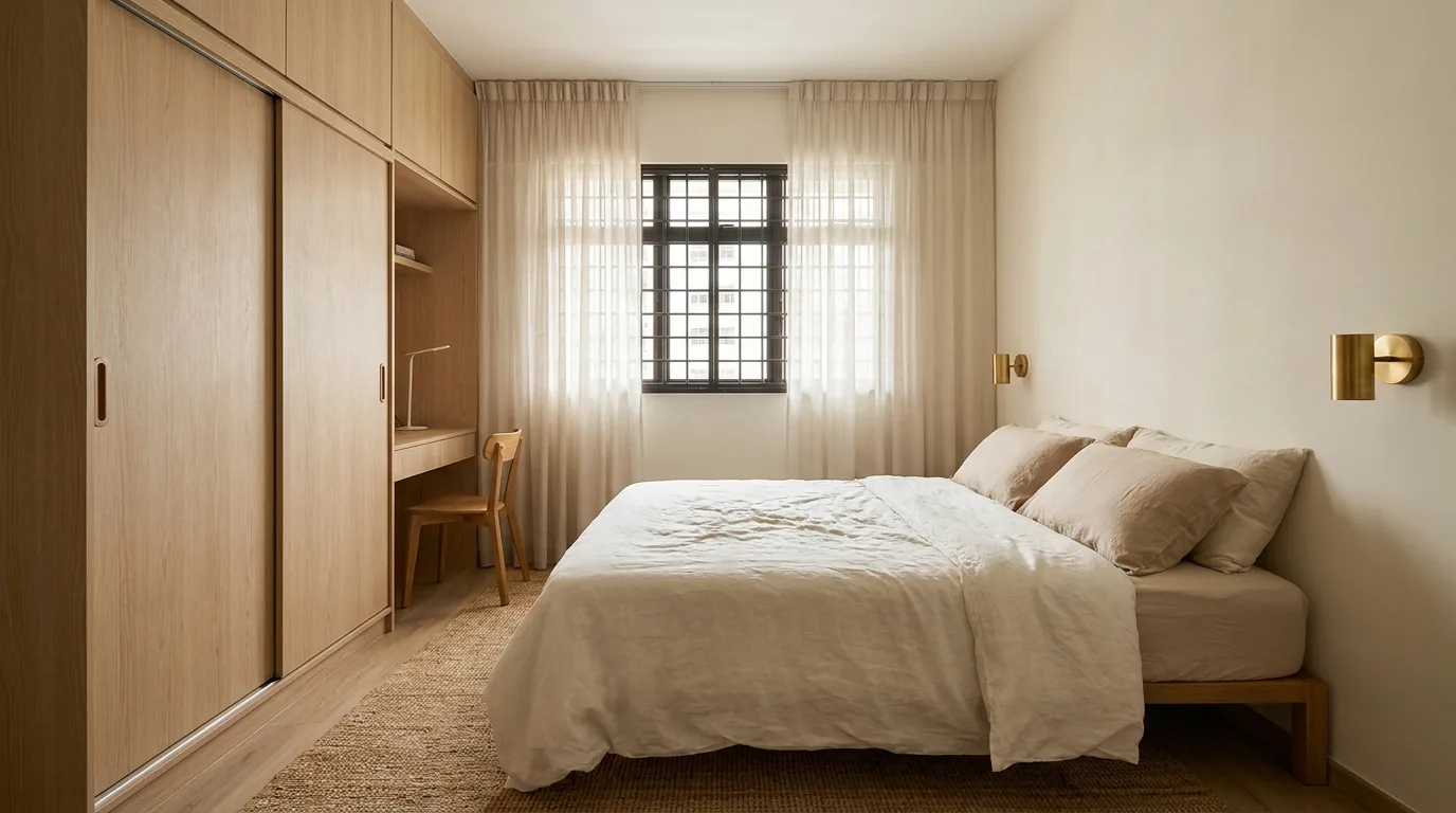 A compact HDB bedroom concept with a full-height wardrobe, low bed and warm bedside lighting