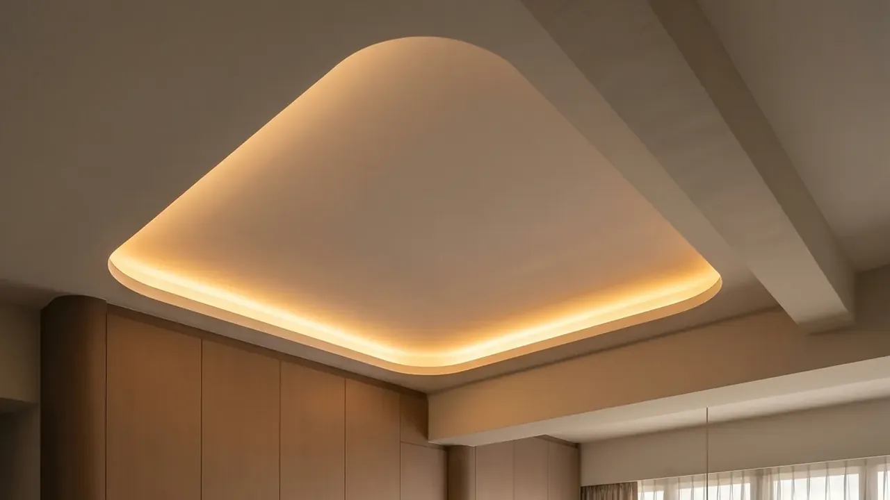 Living room ceiling in a completed HDB flat with a soft-cornered false ceiling panel, warm cove lighting and an exposed beam