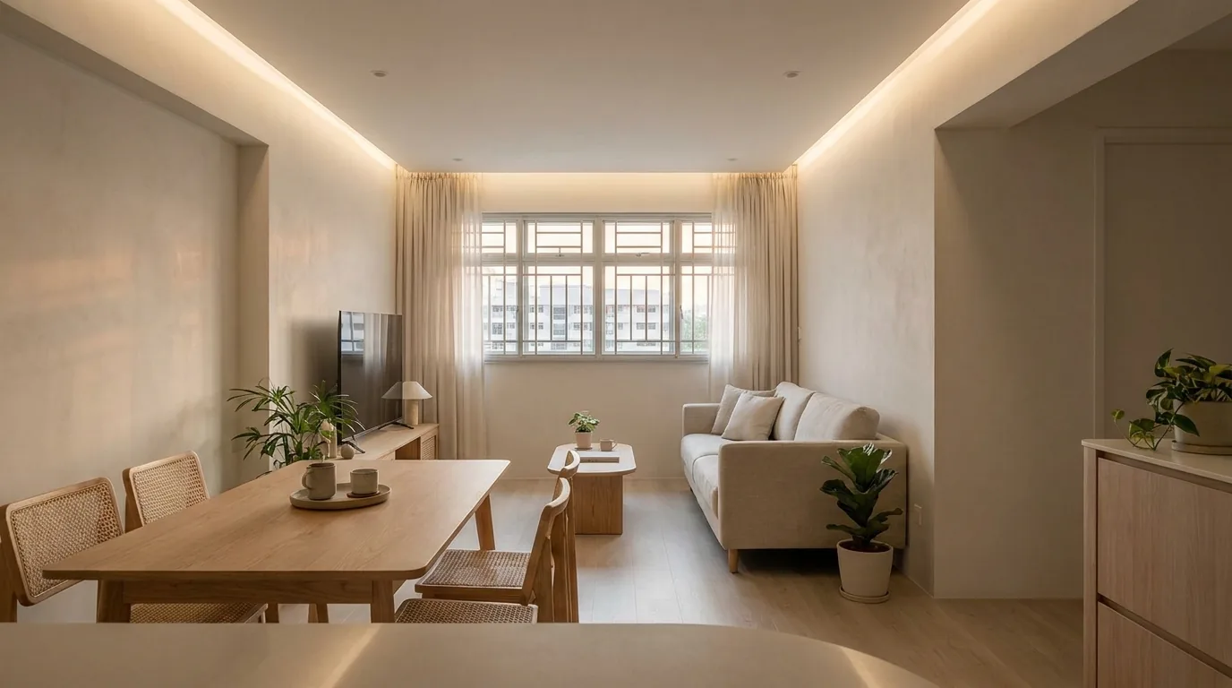 A warm, minimal HDB living and dining room with oak furniture, microcement floor and cove lighting