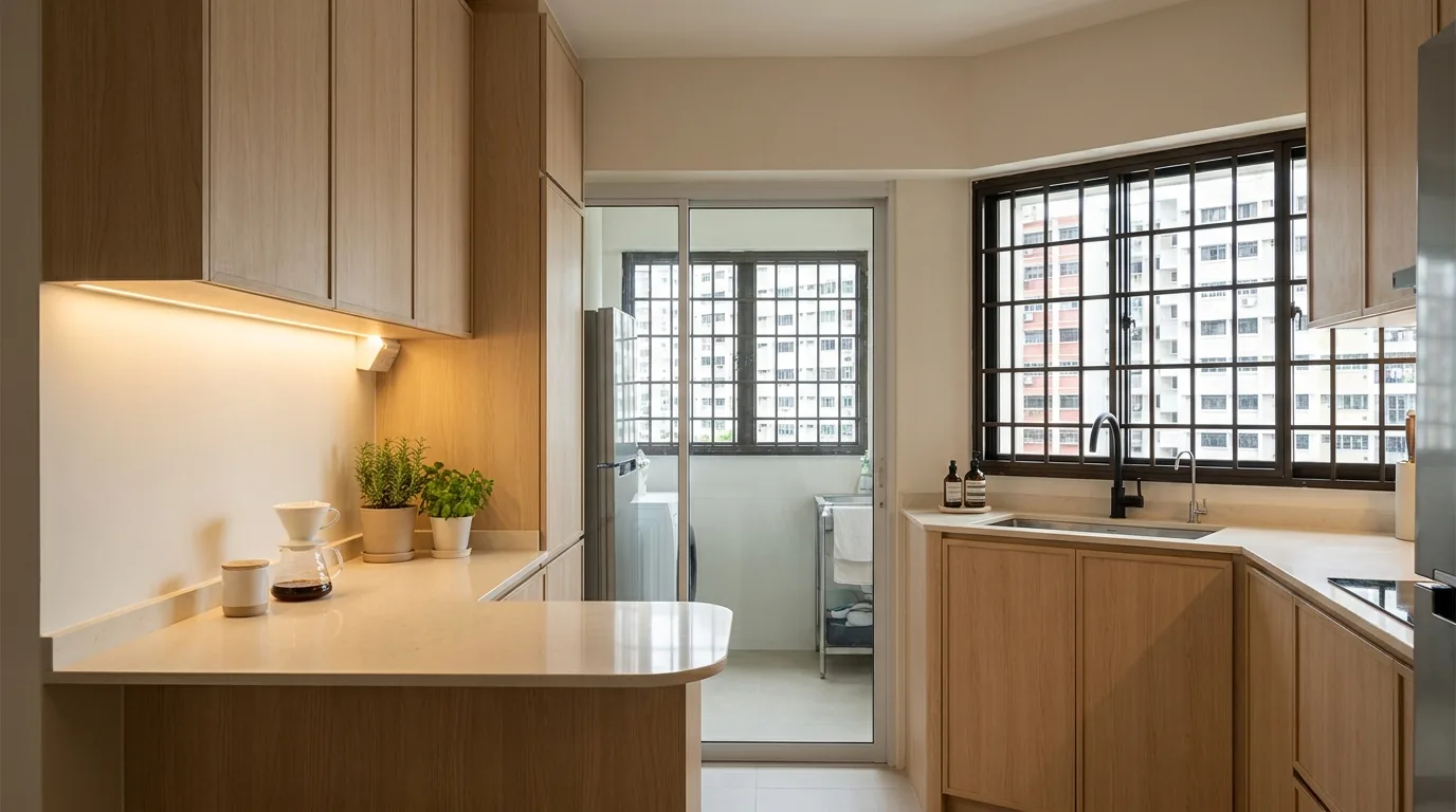 A compact HDB kitchen with pale oak cabinets run to the ceiling, a quartz worktop and a glass slider to the wet kitchen beyond