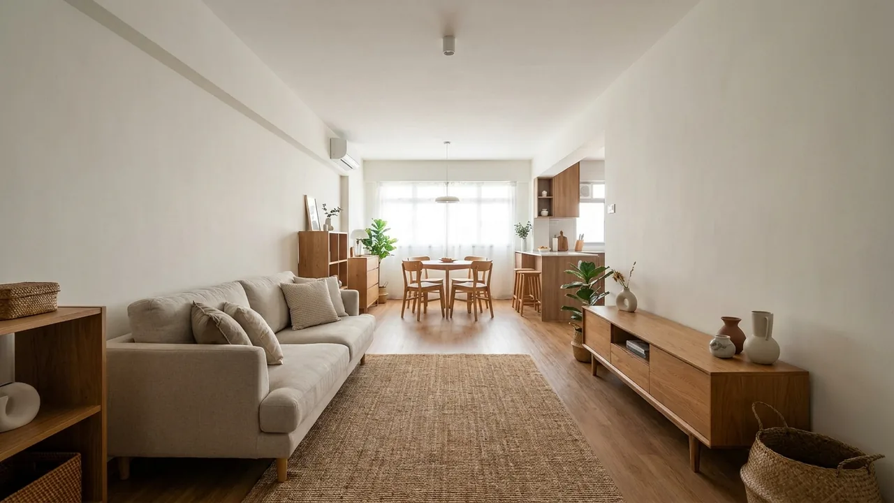 A calm HDB living-dining room with a light fabric sofa, a round dining table near the kitchen, a low TV console and warm wood accents