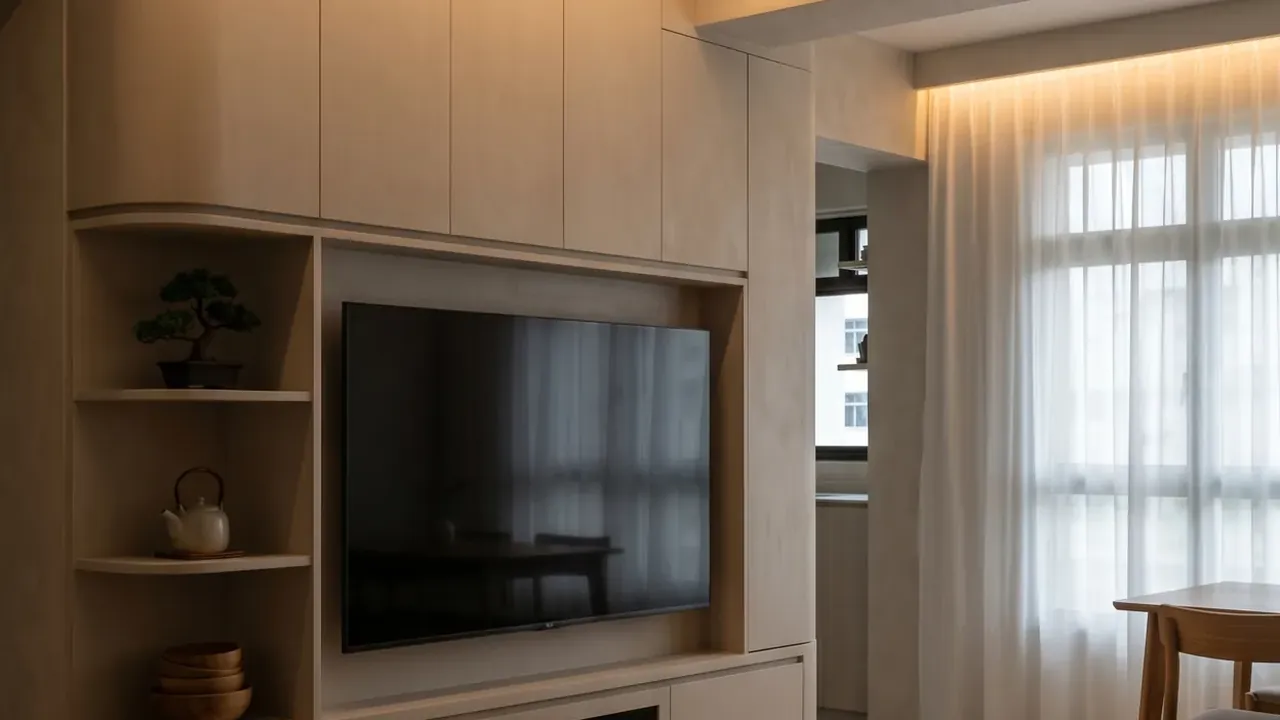 Living room of a completed HDB flat with a built-in TV wall in pale oak, curved open shelving and sheer curtains over the window
