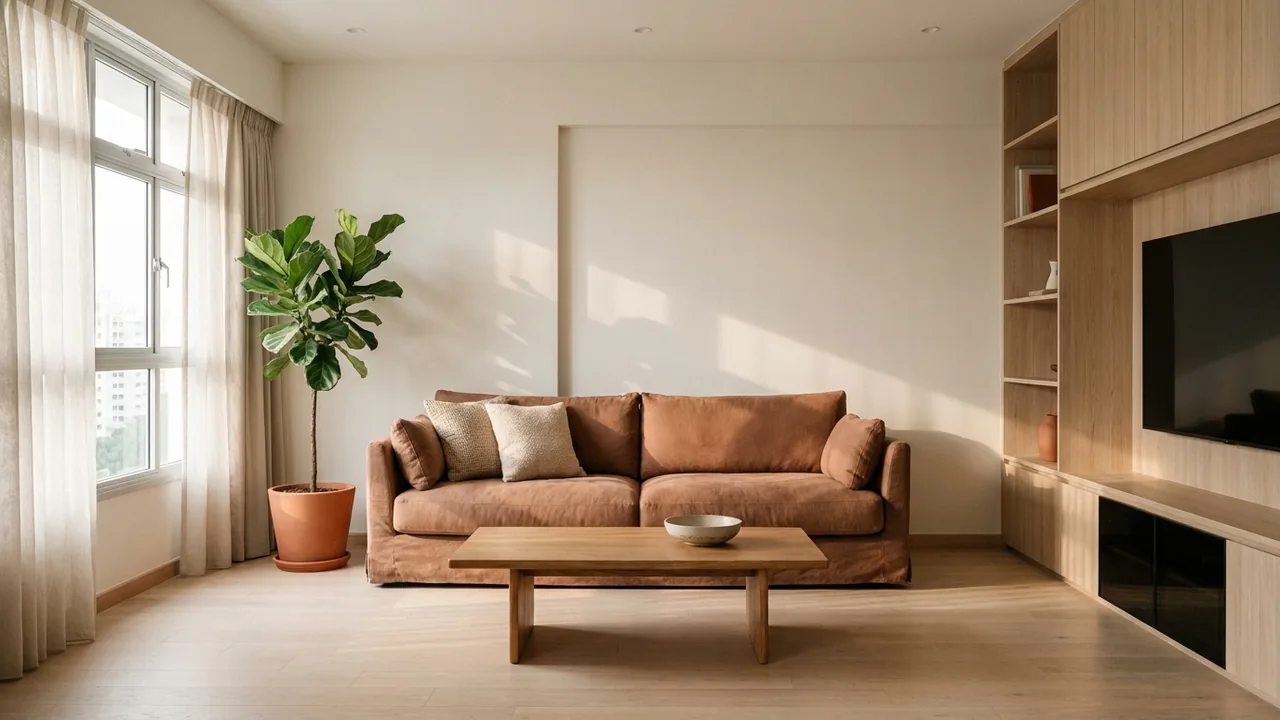 A warm, minimally furnished HDB living room with pale oak, off-white walls, a clay-toned sofa and soft afternoon light