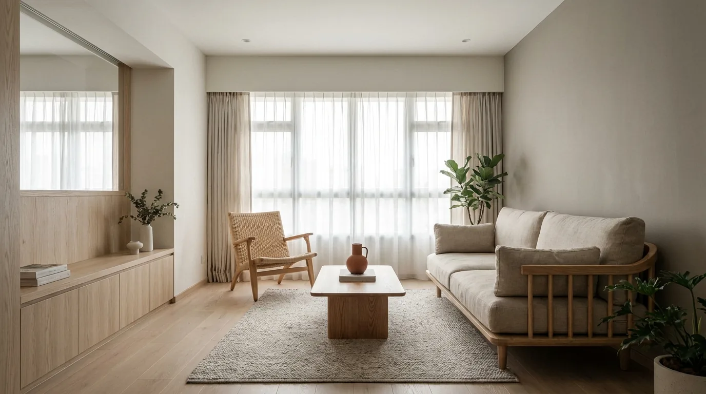A warm Japandi HDB living room with pale oak, off-white walls, low linen sofa, cane accents and soft light