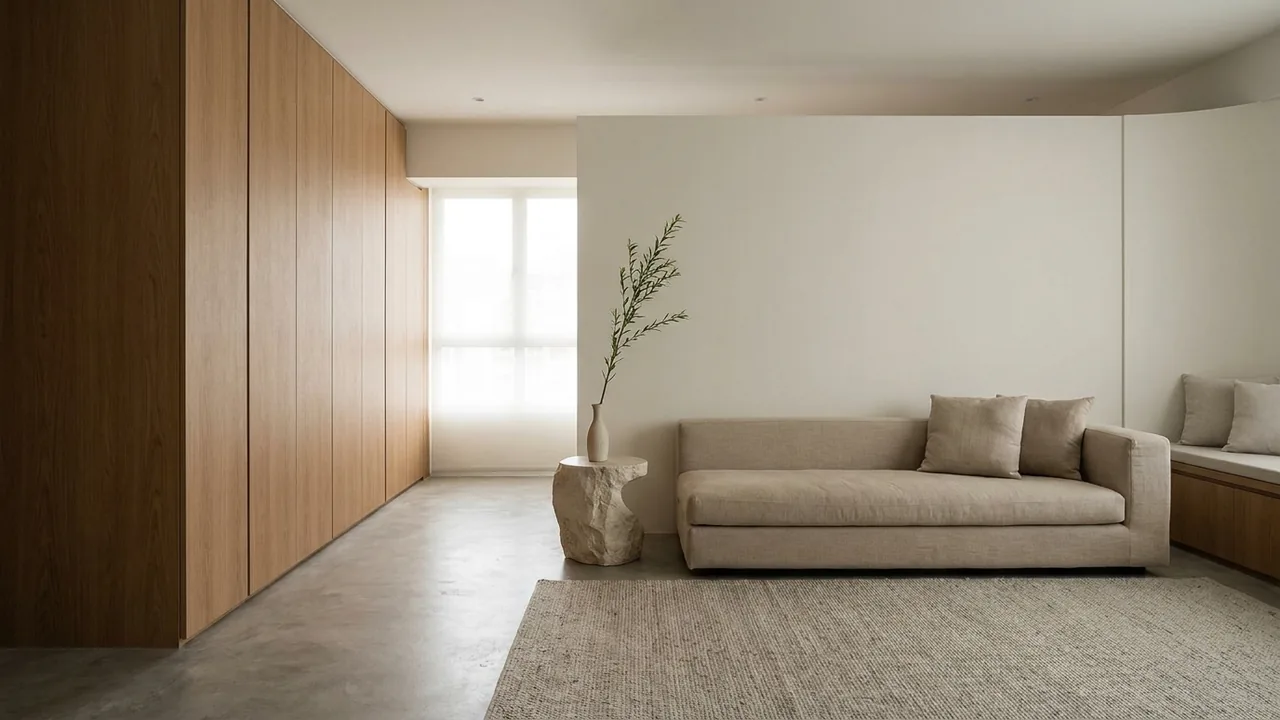 A calm minimalist Singapore living room with clear surfaces, full-height handleless storage in warm wood, an off-white wall and a single low sofa