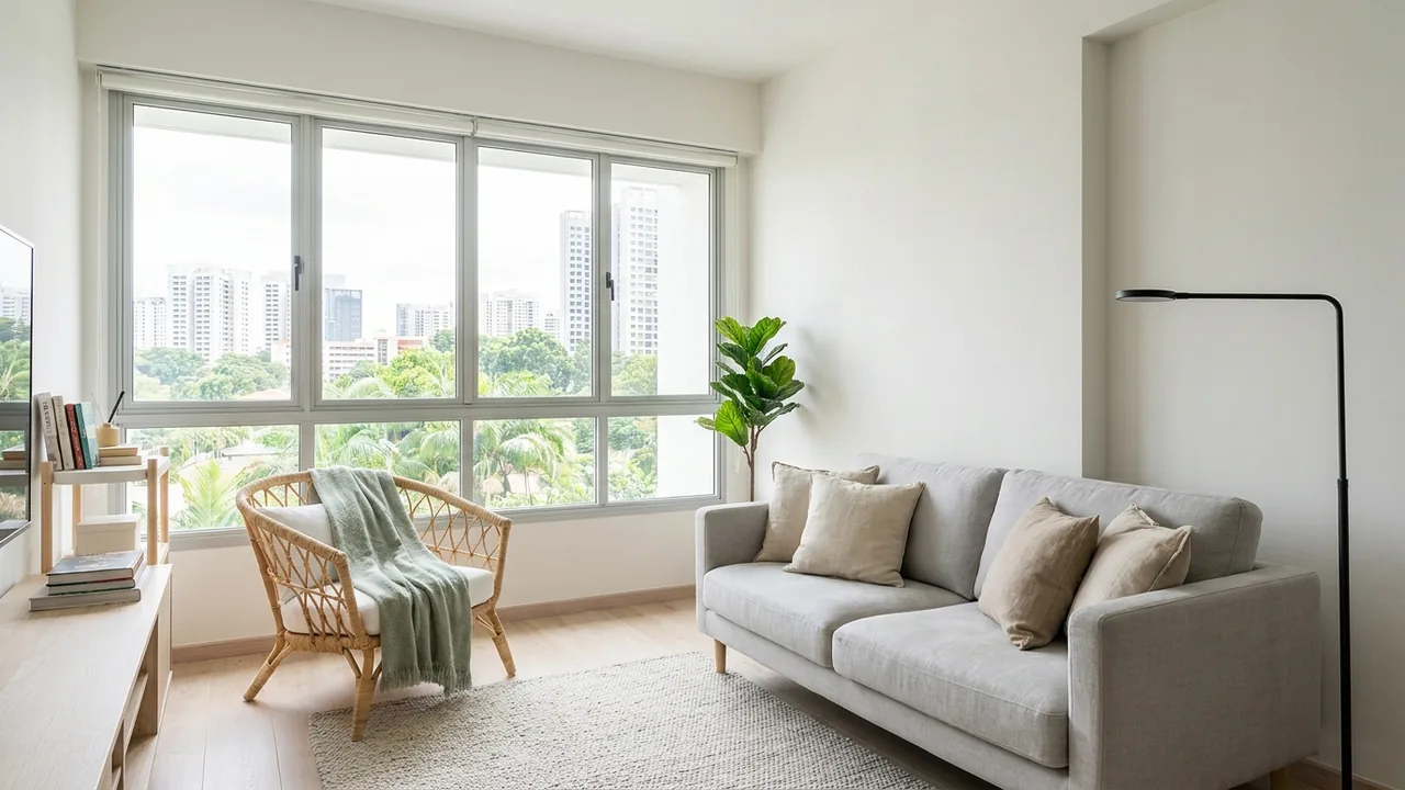 A bright Scandinavian-style living room in a Singapore flat with white walls, pale oak floor, a light grey sofa, linen cushions and a rattan chair by the window