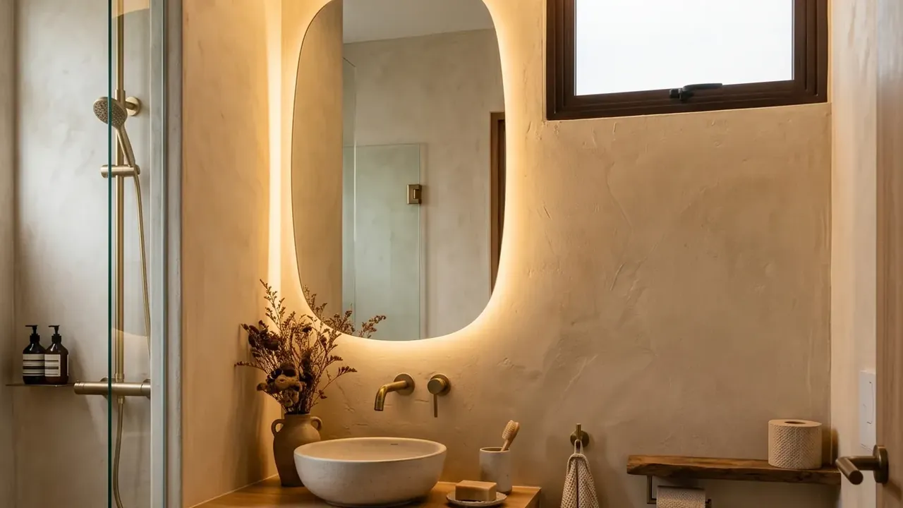 Bathroom of a completed HDB flat in warm microcement, with a backlit organic-shaped mirror, a stone vessel basin and dried flowers
