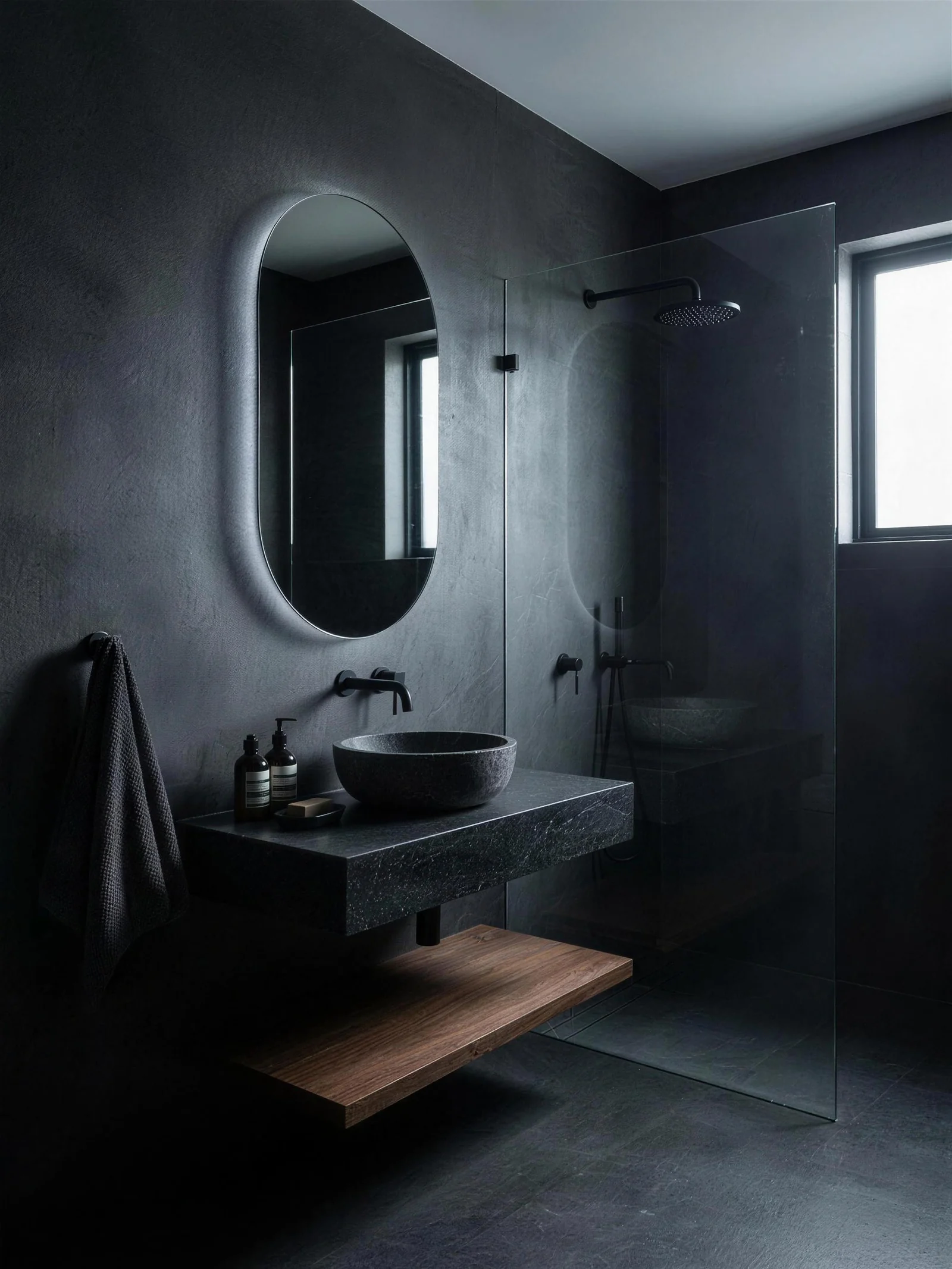 Design concept for a bathroom in dark charcoal microcement with a backlit mirror, black tapware and a walnut shelf