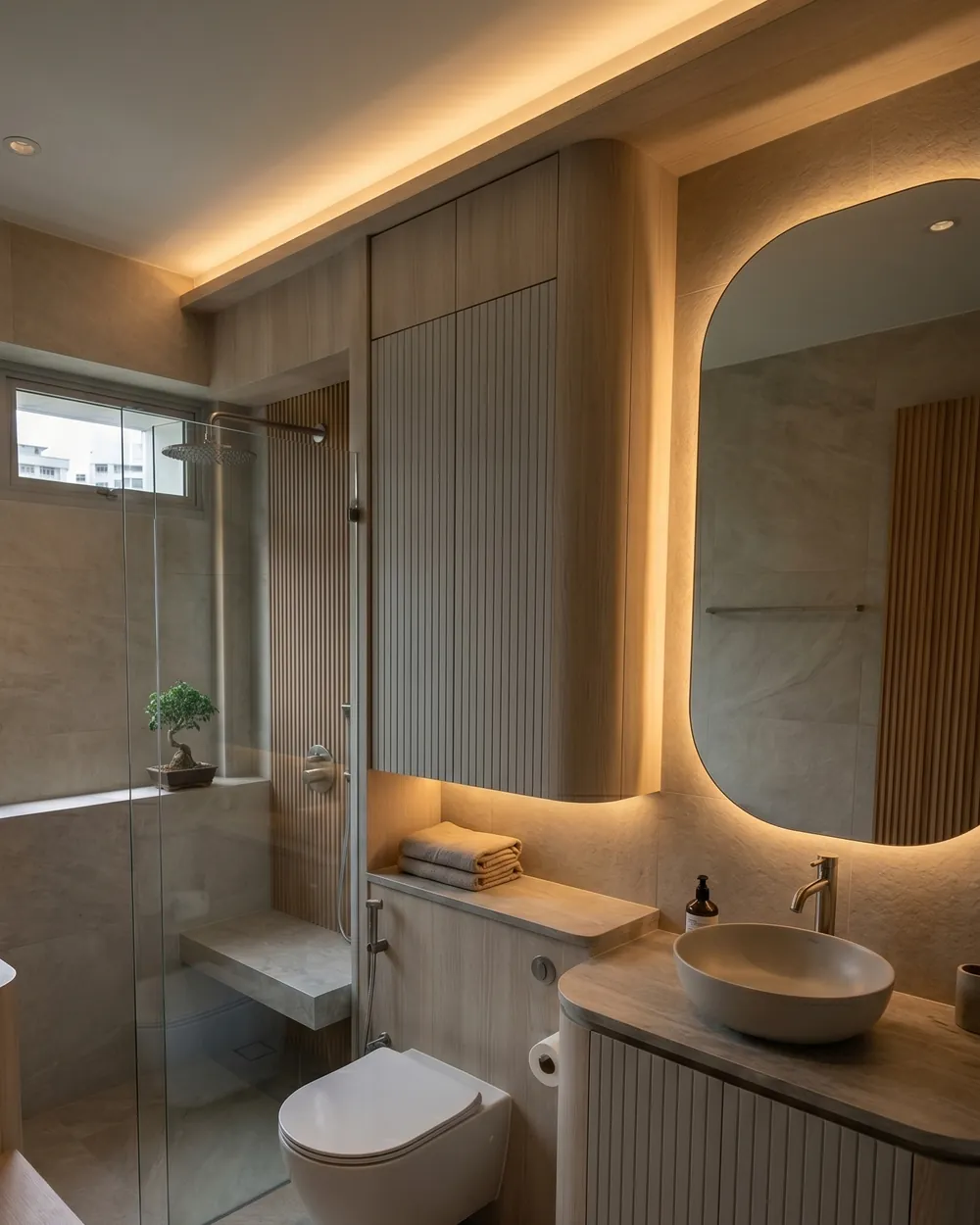 Second bathroom of a completed HDB flat: a fluted vanity wall, a backlit mirror, a walk-in shower behind clear glass and a stone basin