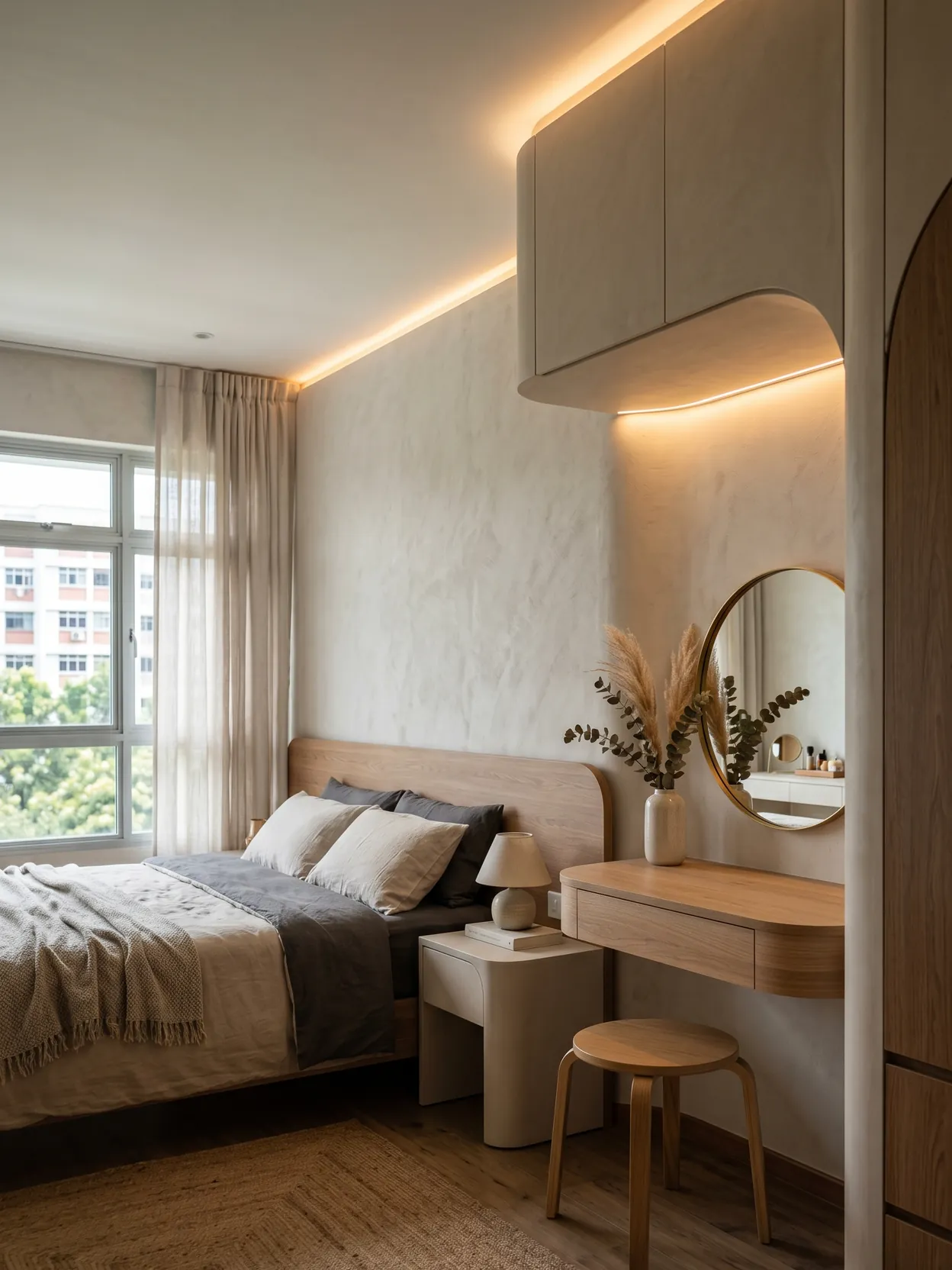 Bedroom of a completed HDB flat with plaster walls, a low bed in grey linen, a slim oak dressing table and a round mirror under cove lighting