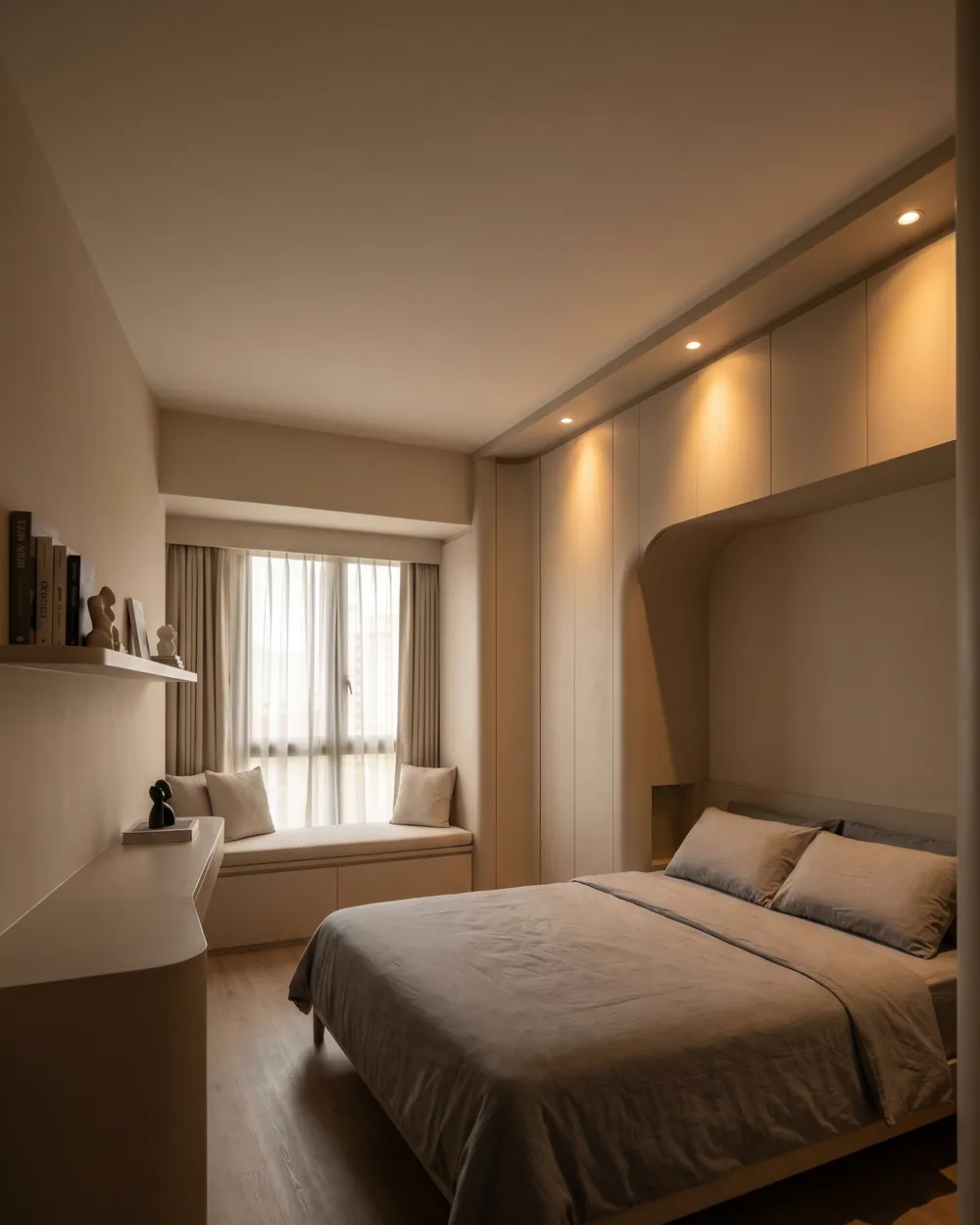 Bedroom of a completed HDB flat with curved built-in wardrobes, a window seat and a low bed in grey linen