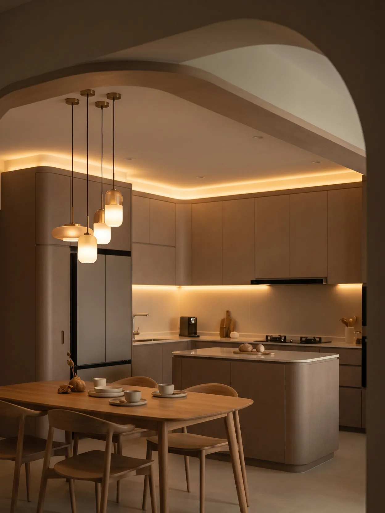 Kitchen of a completed HDB flat with an arched ceiling, a cluster of glass pendant lights, pale oak fronts and a rounded island beside a round dining table