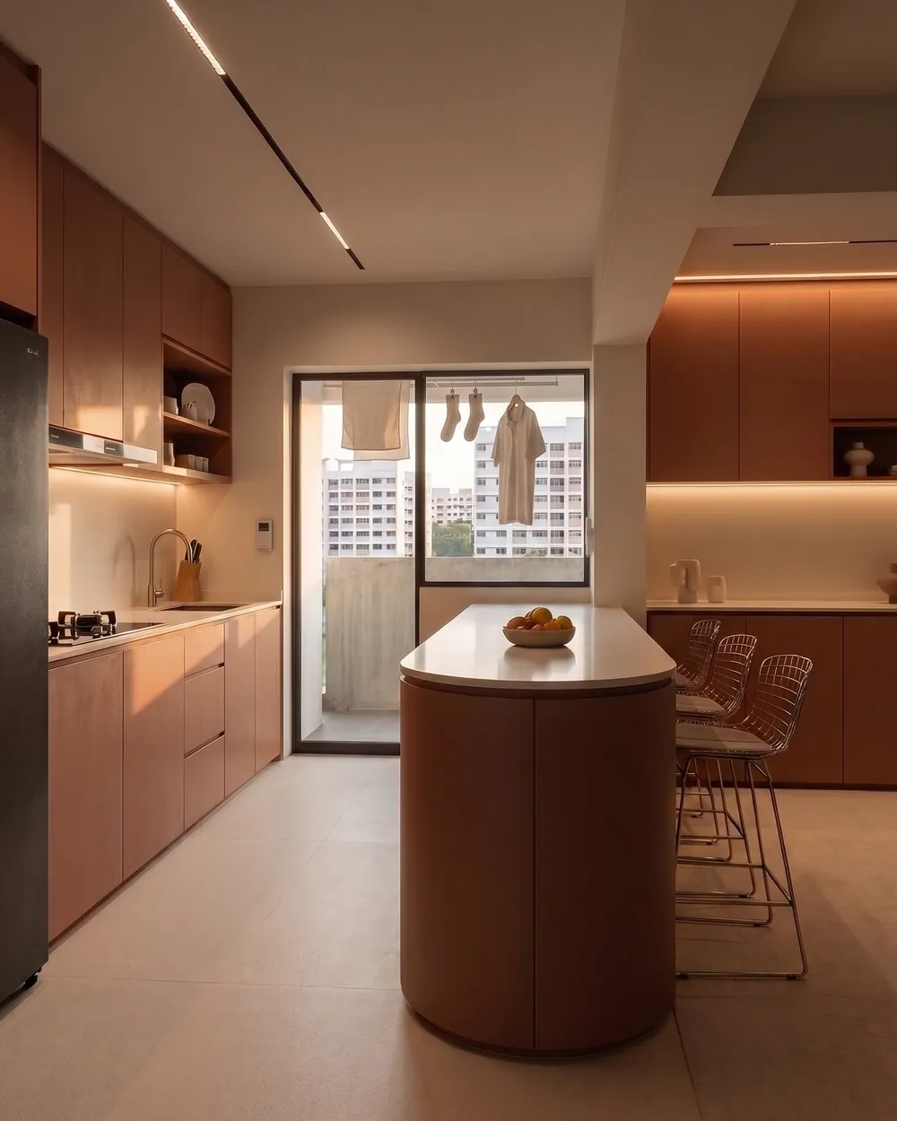 Kitchen of a completed HDB flat in clay-toned cabinetry with a rounded island, counter stools and a service yard beyond the glass door