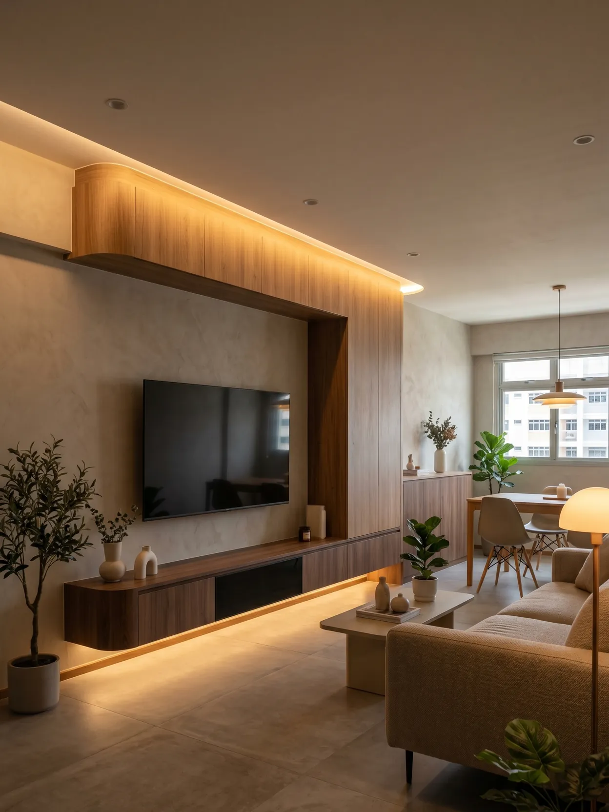 Living room of a completed HDB flat with a full-width oak media wall, a recessed television, an olive tree in a pot and a dining table beyond