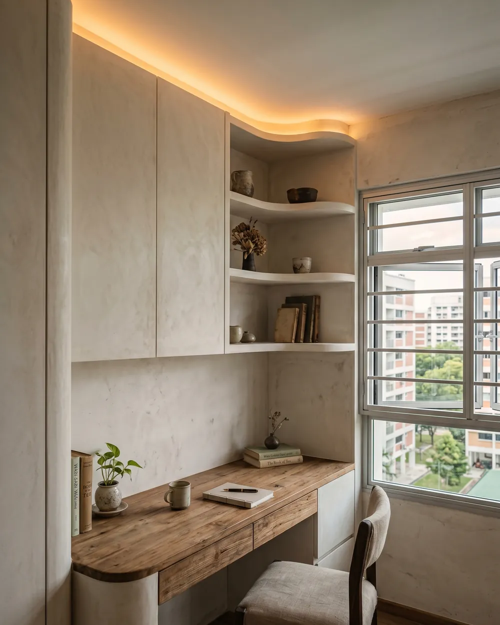 Study corner of a completed HDB flat with a curved oak desk built in under open shelving, beside a window